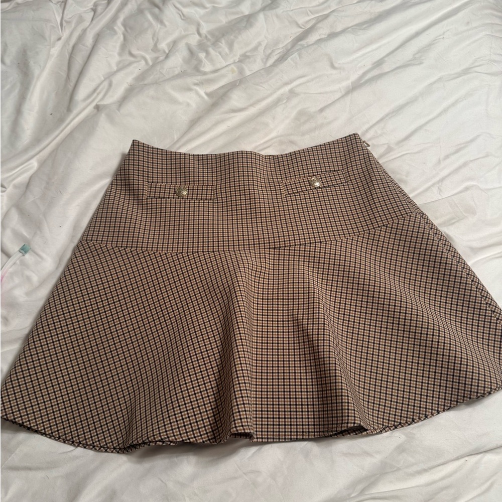 LOFT Brown Checkered A-Line Skirt